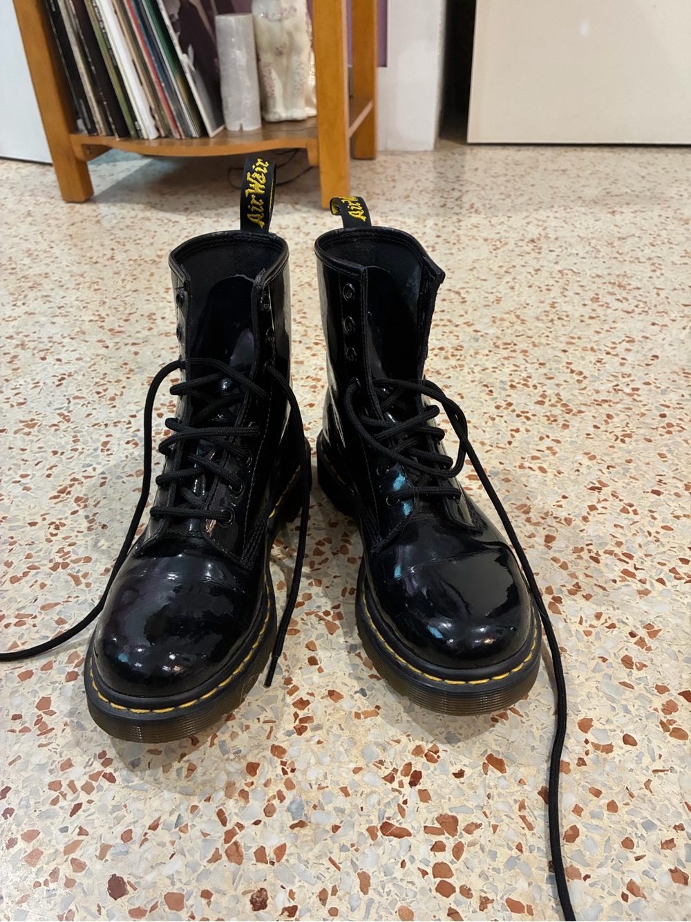 Dr. Martens Black Patent Lace-Up Boots with Yellow Stitching